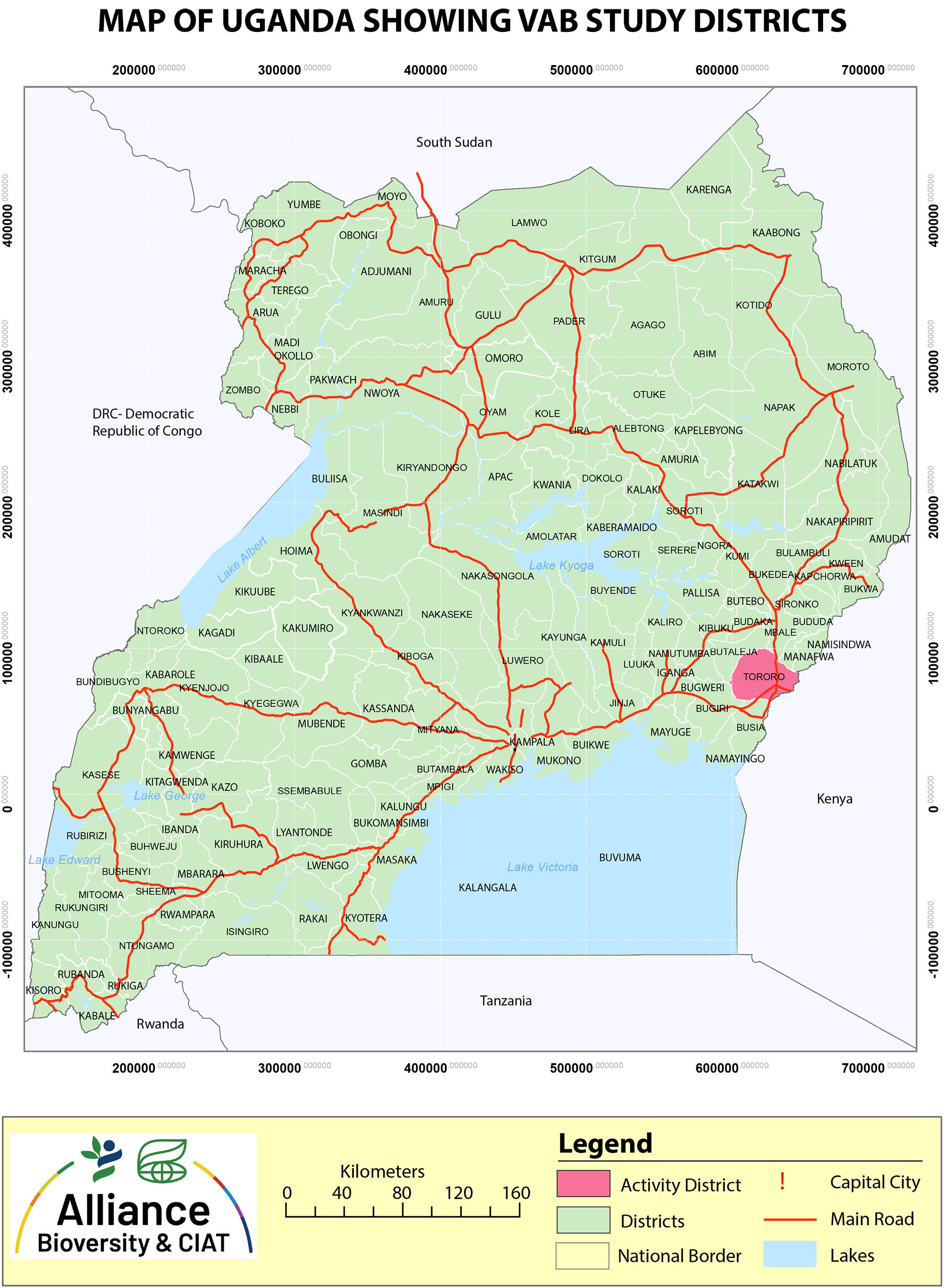 Map of Uganda showing VAB Study areas