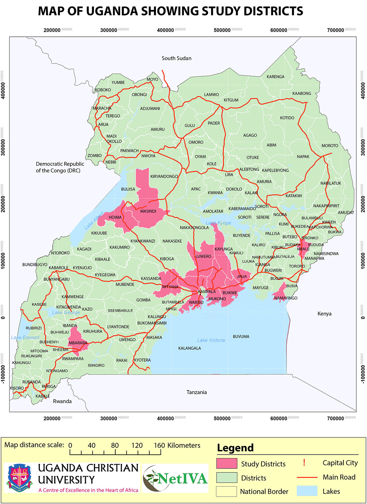 Map of Uganda showing NetIVA Eggplant Study Areas