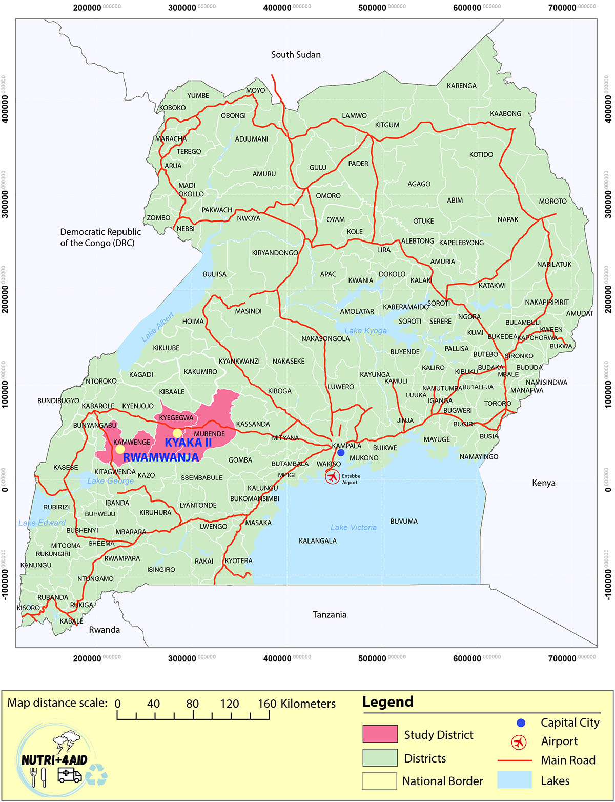 Map of Uganda showing NUTRI+4AID study areas